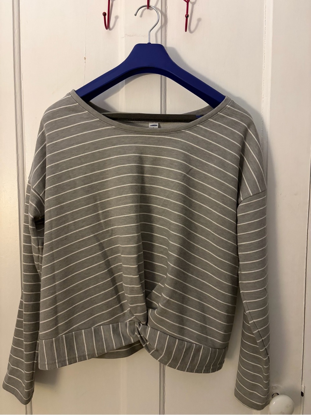 Old Navy Gray and White Striped Knot-Front Long Sleeve Top